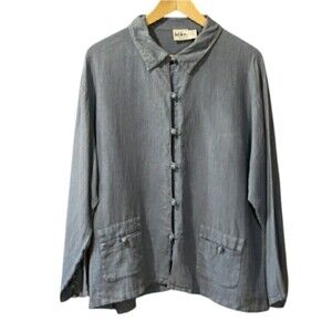 Kiko Blue Linen Vintage Long Sleeve Button Down Shackett Top OS (LG)